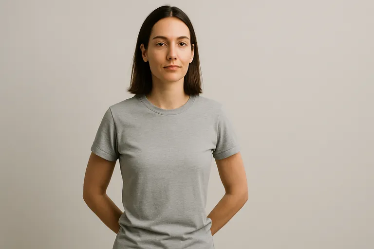A woman standing with her hands placed calmly behind her back, looking directly at the camera.