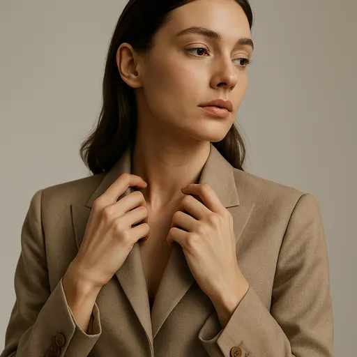 A woman lightly touching the collar of a beige jacket with both hands in a refined, editorial-style pose.