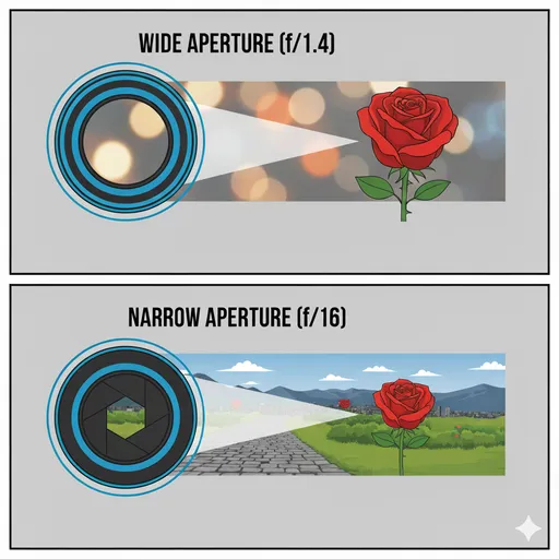 Diagram illustrating how a wide aperture (low f-stop like f/1.4) has a large opening and creates a shallow depth of field, while a narrow aperture (high f-stop like f/16) has a small opening and creates a deep depth of field.
