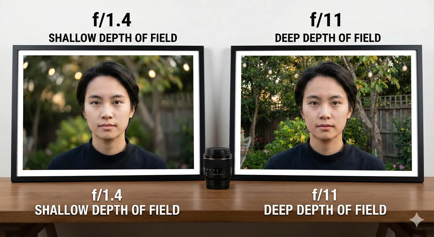 Visual comparison of depth of field. A photo on the left taken at f/1.4 has a sharply focused subject and a heavily blurred background (bokeh). A photo on the right taken at f/11 has the subject and background both clearly in focus.