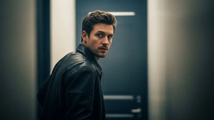 A man in a leather jacket moves down a stark hallway and looks back over his shoulder—an alert, evasive beat that reads as pursuit or imminent danger.