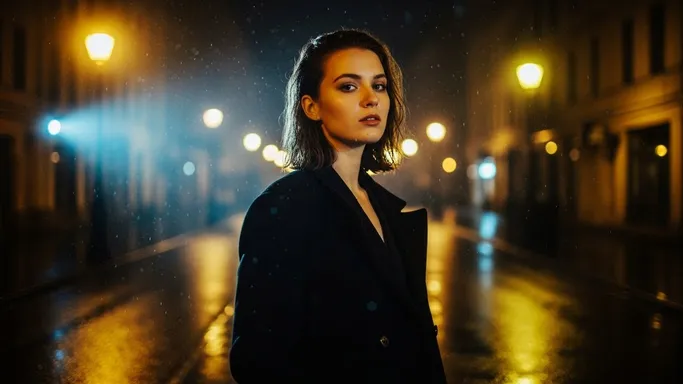 A cinematic night street portrait with warm bokeh and wet reflections—moody atmosphere, confident posture, and controlled contrast for an editorial feel.