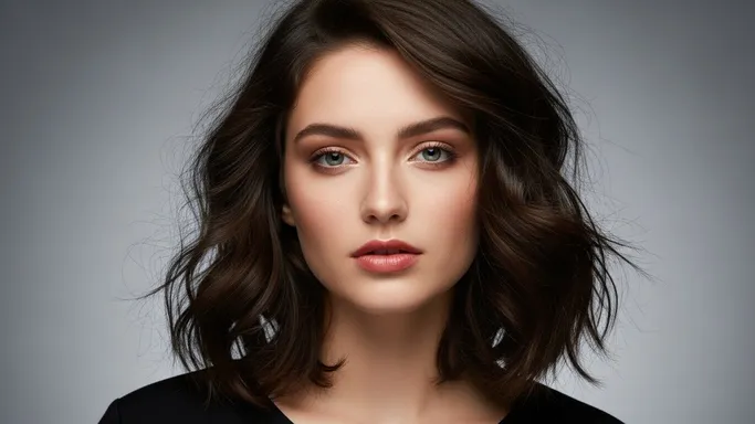 A clean, high-key profile close-up: sharp eyes, smooth skin tones, and subtle highlights as the subject adjusts her collar, showcasing technical precision and polish.