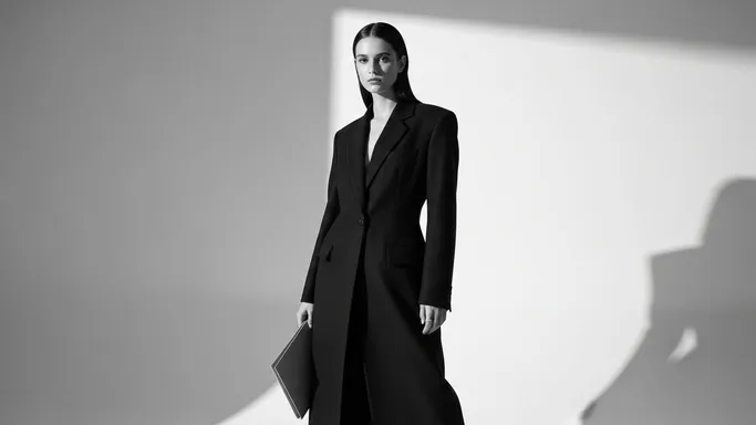A black-and-white full-body editorial silhouette: a woman in a long tailored coat stands in clean studio light, holding a portfolio, with bold geometric shadow shapes behind her.