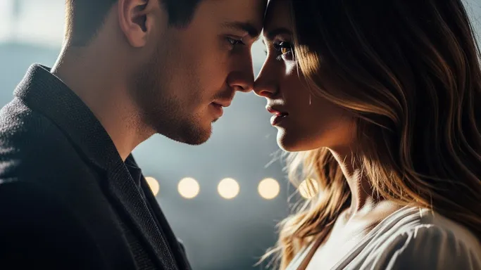 A close-up face-to-face moment with bokeh lights behind them, nearly forehead-to-forehead (an anchored, locked-in mood).