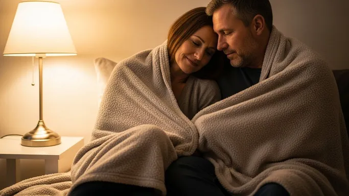 Under warm lamplight, a couple sits on a sofa wrapped in a shared blanket, leaning in to rest (secure, cozy intimacy).