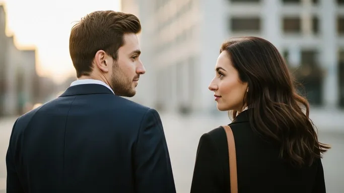 A couple walking side by side in the city, turning back to meet each other’s gaze (tension without physical contact).