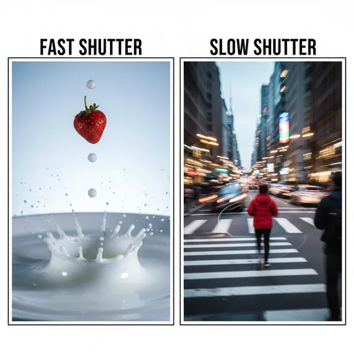 Comparison of fast shutter speed freezing a strawberry and milk splash versus slow shutter speed showing motion blur of city traffic.