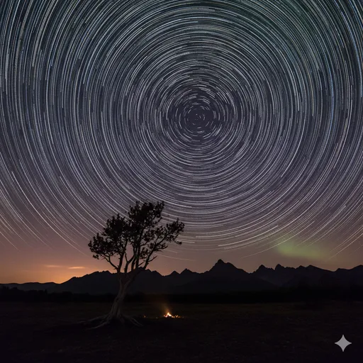 Long exposure photograph showing concentric star trails over a silhouetted tree and mountains.