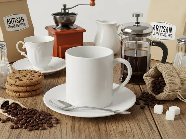 Busy product composition example — coffee mug surrounded by multiple props with cluttered layout, weak visual hierarchy, and little negative space (before clean minimal product photography composition).