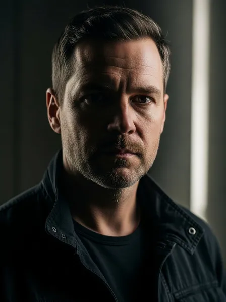 Cinematic portrait lighting example — dramatic side key light with deep shadows and subtle rim light adds high-contrast shape, mood, and character depth (after flat lighting).