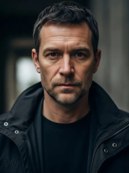 Flat portrait lighting example — evenly lit face with minimal shadows and low contrast, reducing mood and depth in a dim interior scene (before cinematic lighting).