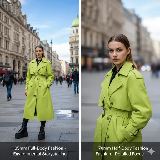 Fashion comparison showing a 35mm full-body street scene with strong environmental context versus a 70mm half-body portrait focused on outfit details.