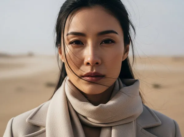 Intimate close-up portrait example — eye-level close-up with the face filling the frame and the desert background softened, focusing attention on emotion, expression, and character detail (after wide environmental shot).