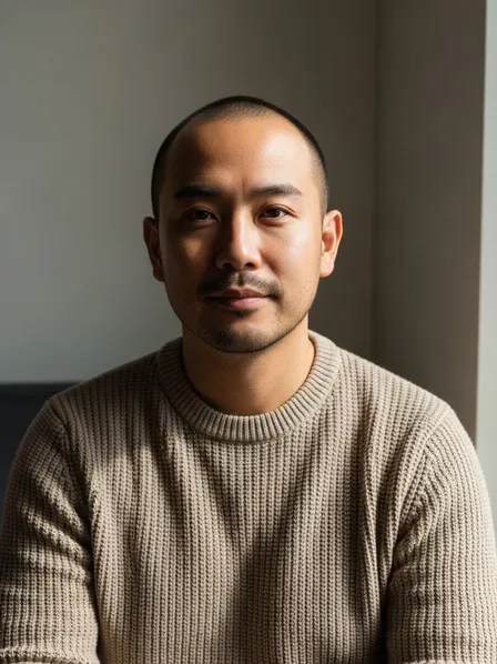 Natural window light portrait lighting example — soft side light adds depth and dimension with gentle shadow falloff and a slightly darker background for separation (after flat indoor light).