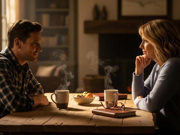 Neutral two-shot conversation framing example — side camera position shows both people evenly in a balanced composition for an observational, objective dialogue scene (before over-the-shoulder POV shot).