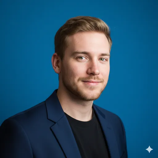 A polished studio portrait on a vivid cobalt-blue backdrop, navy blazer over a dark tee—crisp lighting and modern, confident framing.