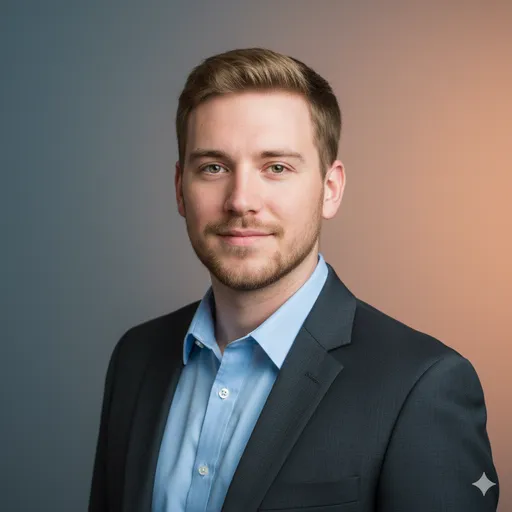 A clean, friendly studio headshot of a man in a blazer and light-blue shirt against a soft warm-to-cool gradient background (classic professional baseline).