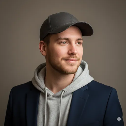 A casual streetwear headshot: dark cap, gray hoodie layered under a blazer on a warm neutral background—relaxed but intentional styling.