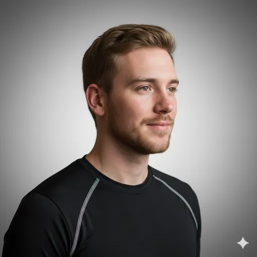 A sporty, modern studio profile in a fitted black athletic top against a neutral gradient—clean tech/fitness vibe with sharp focus.