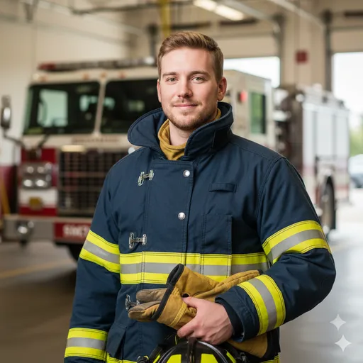 A fire-station portrait in turnout gear holding gloves and helmet—steady, reliable expression with strong protective-role signaling.