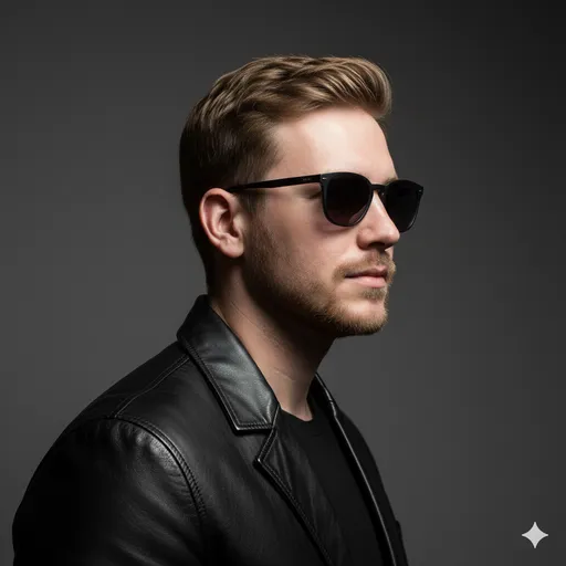 A dark studio profile with sunglasses and a leather jacket—flashy, edgy styling with a sleek, confident silhouette.