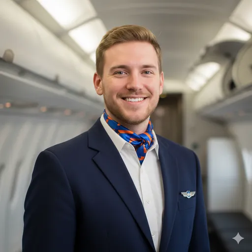 A friendly aviation-cabin portrait in uniform with a neck scarf—warm smile, service-oriented presence, and clean, bright aircraft lighting.