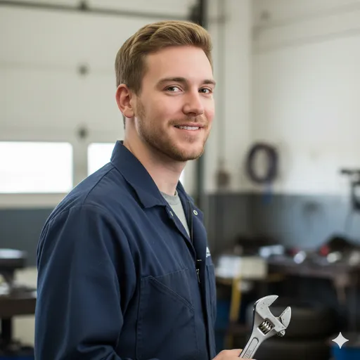 A mechanic in a workshop holds a wrench—practical skill, approachable energy, and authentic shop-floor context.