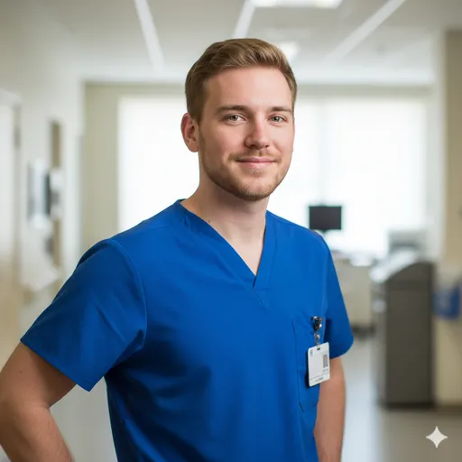 A nurse in blue scrubs stands in a bright clinical corridor—friendly, composed posture and clear healthcare role signaling.