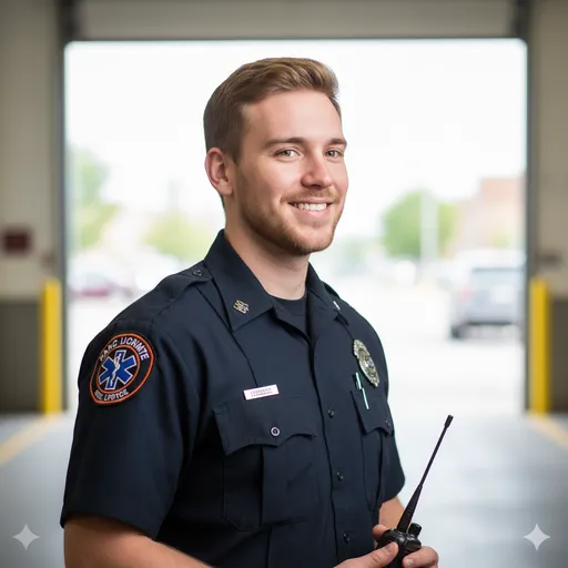 A paramedic in uniform holds a radio in a station bay—approachable smile with emergency-response credibility and calm control.