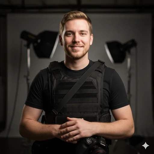 A studio portrait with lighting gear in the background: subject in tactical-style vest with a camera strap—hands-on creator identity and focused readiness.