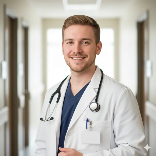 A clinician portrait in a medical hallway with a white coat and stethoscope—warm smile, calm confidence, and patient-facing professionalism.
