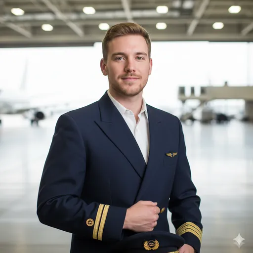 A professional pilot portrait in uniform inside a hangar—confident stance, clean aviation setting, and leadership-forward presentation.