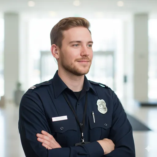 A uniformed security officer stands with arms crossed in a bright lobby—calm vigilance, clear authority, and a trustworthy professional presence.