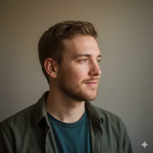 A subdued, film-flash style portrait in casual layers—natural texture, soft contrast, and an authentic lifestyle feel.