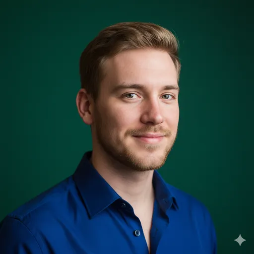 A clean portrait on deep green with a blue button-down—soft glam polish with crisp, professional color contrast.