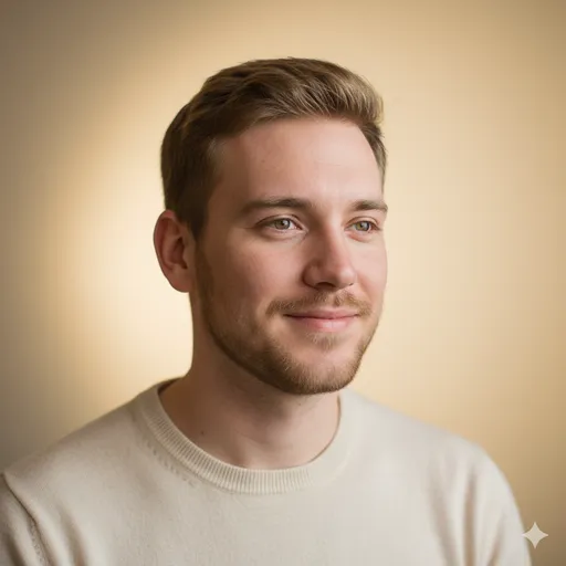 A warm background with a subtle halo/spotlight behind the head—gentle emphasis and a premium studio finish.