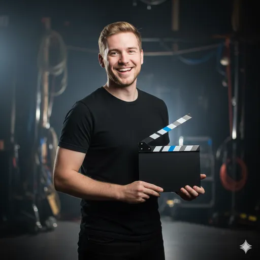 A behind-the-scenes studio portrait: smiling subject in a black tee holds a clapperboard, with film gear softly blurred in the background—creative, capable, and production-ready.