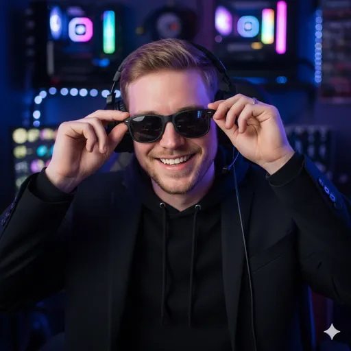 A neon-lit creator setup: the subject smiles while adjusting sunglasses, wearing headphones in front of colorful LED gear—playful confidence with a streamer/tech vibe.