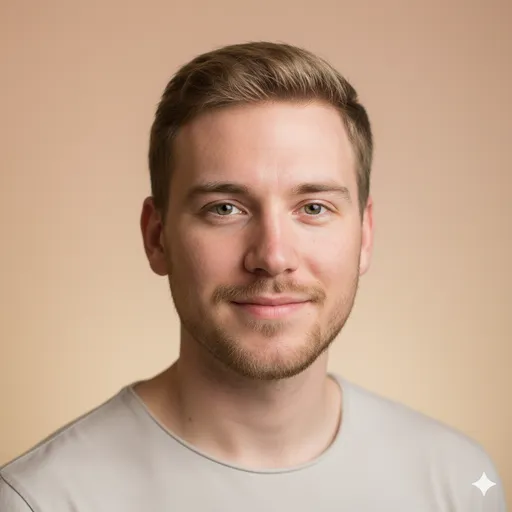 A front-facing studio headshot on a smooth warm sweep background—neutral, flattering, and highly versatile.