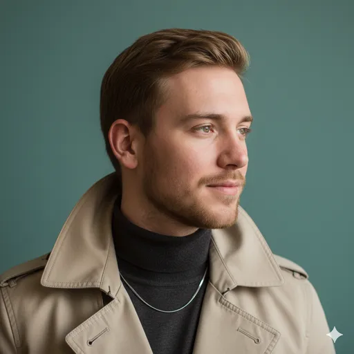 A refined portrait on teal with a beige trench coat and dark turtleneck—elevated, modern, and editorial-leaning.