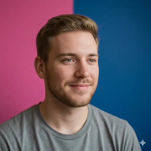 A two-tone split background (pink and blue) behind a relaxed portrait—graphic, contemporary, and social-ready.